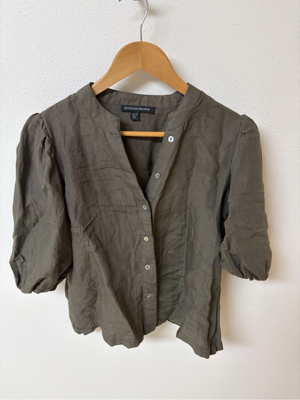 Boston Proper Olive Green Linen blend Button-Front Puff Sleeve Top